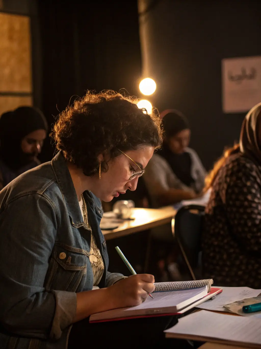 A close-up shot of a participant actively engaged in a business training workshop, focusing on their hands-on interaction with the materials.