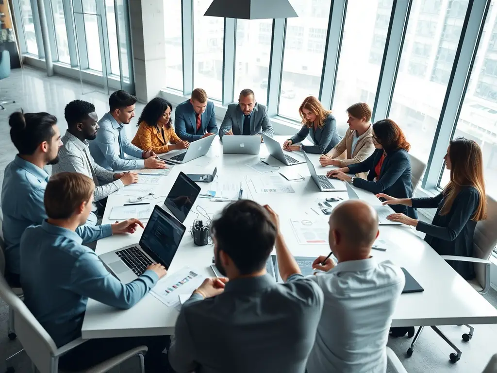 A diverse group of professionals is participating in a business training workshop, actively engaging in discussions and hands-on exercises to improve their skills.