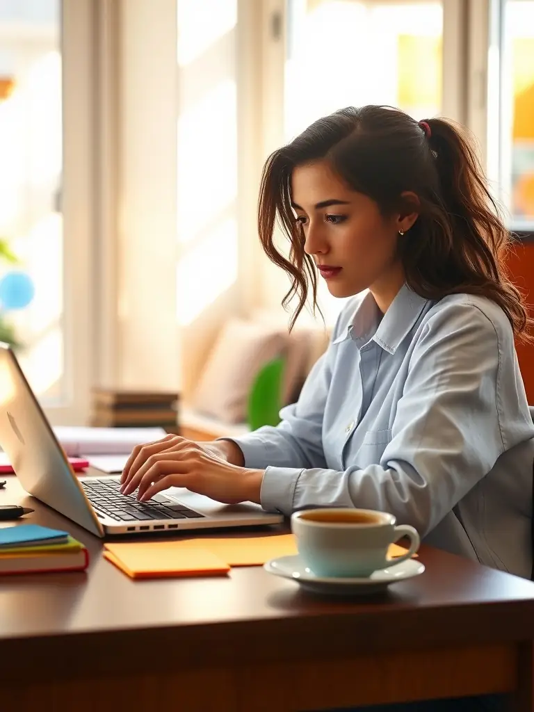 A person working on a laptop, with a clean and organized desk, highlighting time management and productivity tools, suitable for a business training website.