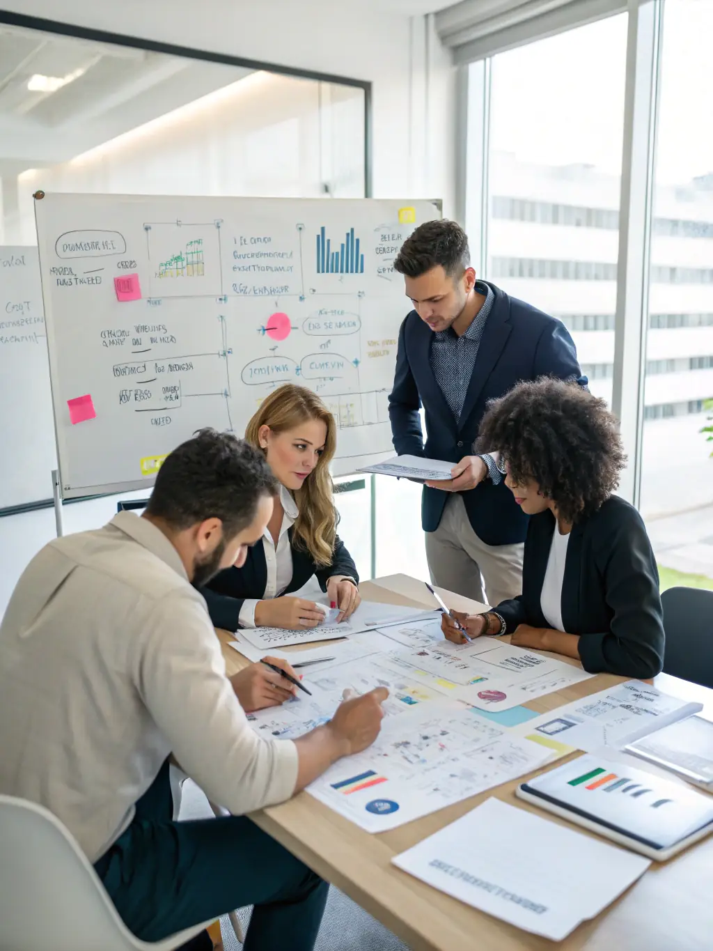 A visual representation of a team collaborating on a strategic planning session, with sticky notes and charts on a whiteboard.