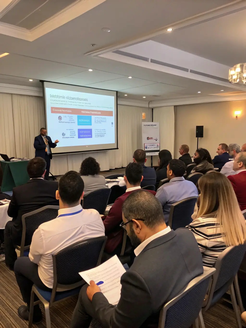 A diverse group of professionals actively participating in a business training workshop, with a focus on engagement and collaboration.