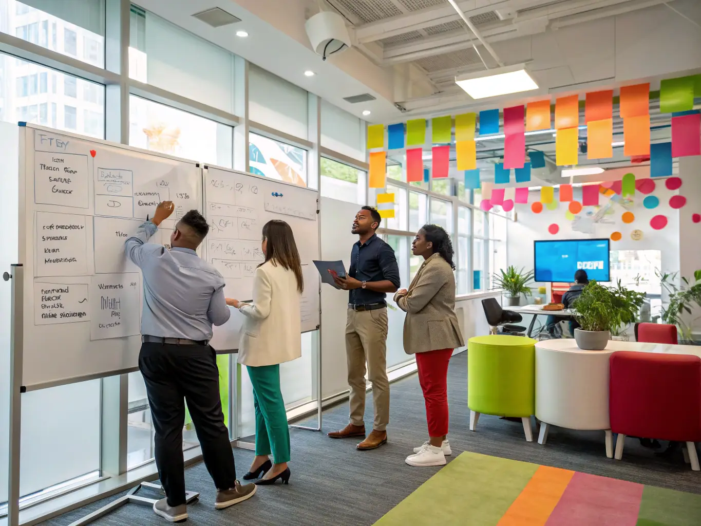 A diverse team collaborates in a bright, modern office, brainstorming ideas on a whiteboard covered with diagrams and notes, representing teamwork and collaboration resources.