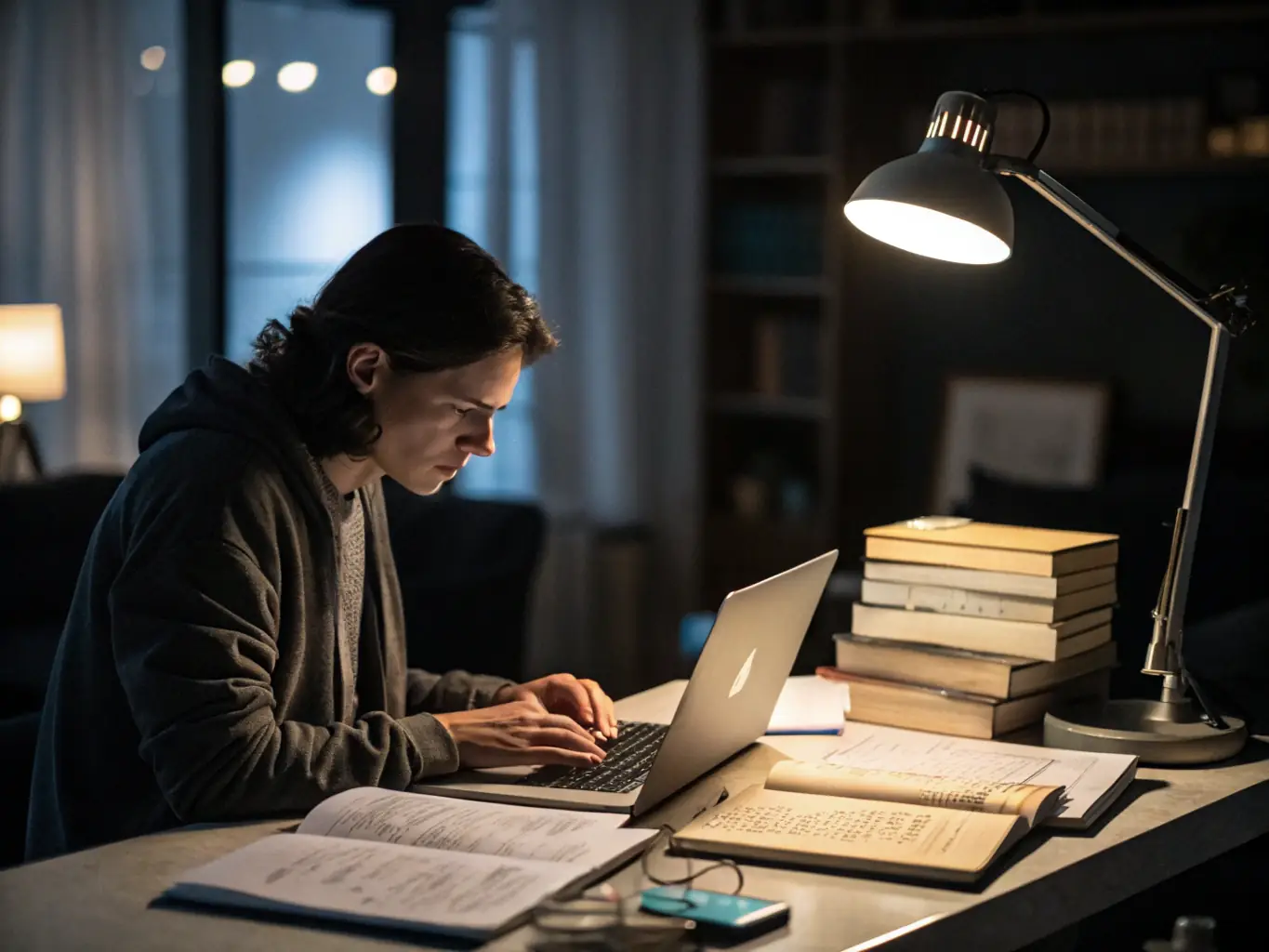 A person is sitting at a desk, illuminated by the soft glow of a laptop screen, deeply engrossed in data analysis and strategic planning, symbolizing business strategy resources.