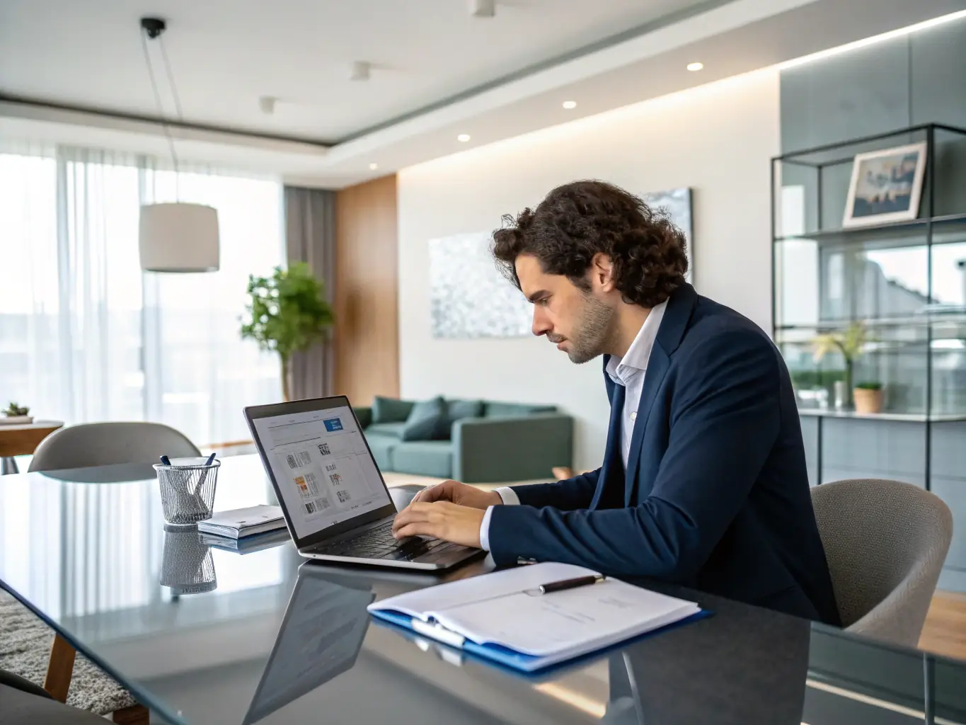 An image depicting a professional using a laptop, focusing on online learning modules with a clear path of progression visualized on the screen, representing a structured learning path.