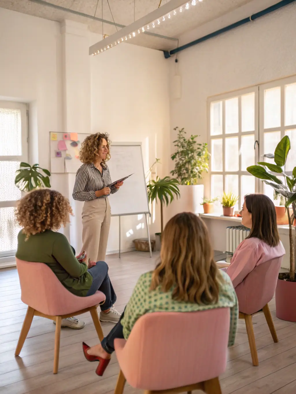 A person confidently presenting to a group, showcasing public speaking and leadership skills, in a modern training room setting.