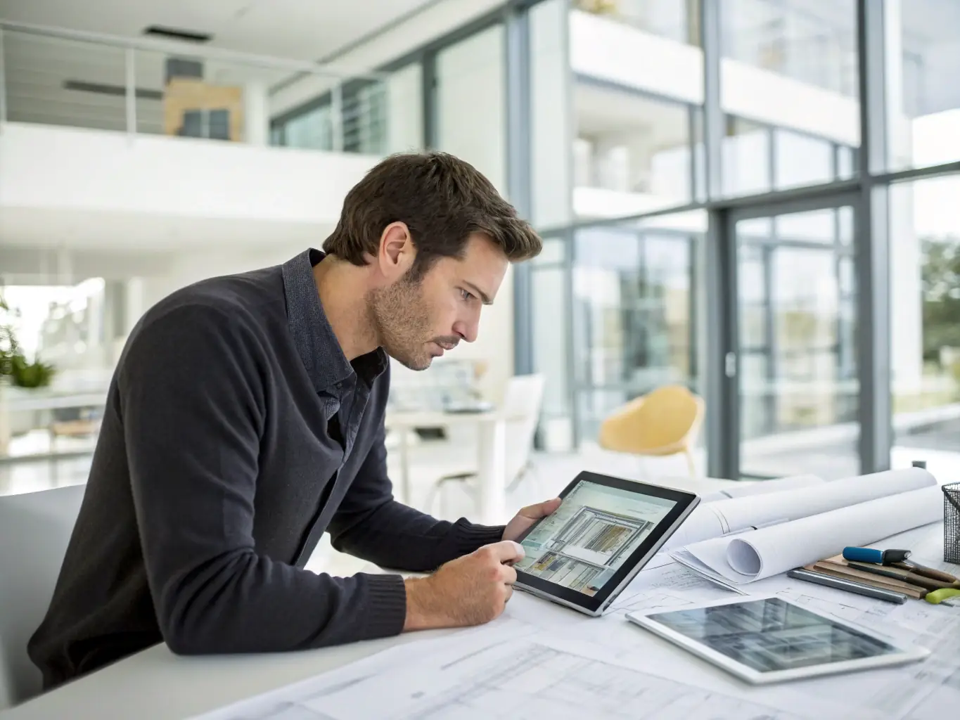 A focused professional is reviewing a detailed project timeline on a digital tablet, surrounded by sticky notes and charts in a modern office setting, symbolizing project management resources.