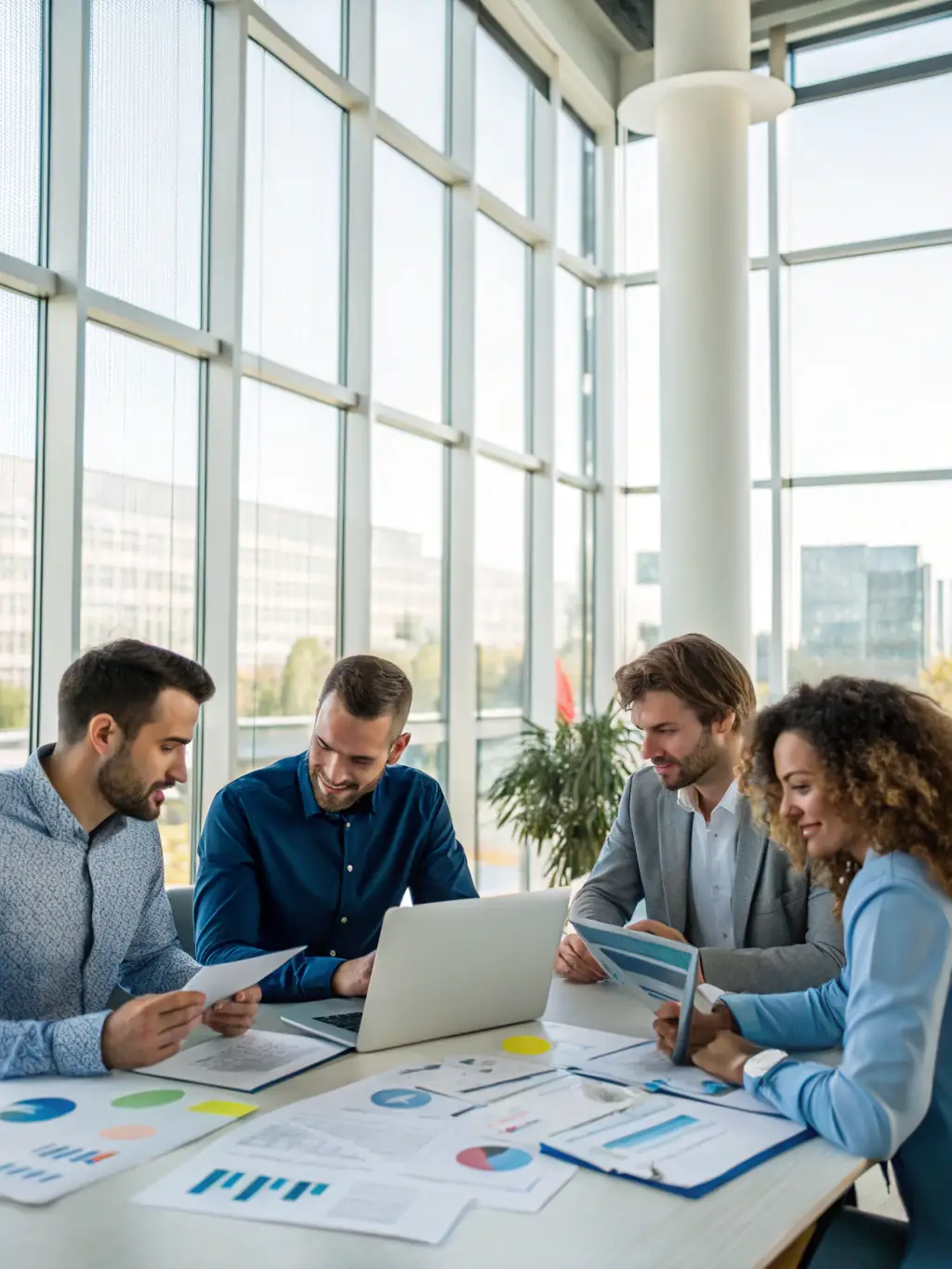 A close-up shot of a diverse group of professionals actively participating in a business training workshop, focusing on teamwork and problem-solving, set in a modern office environment.