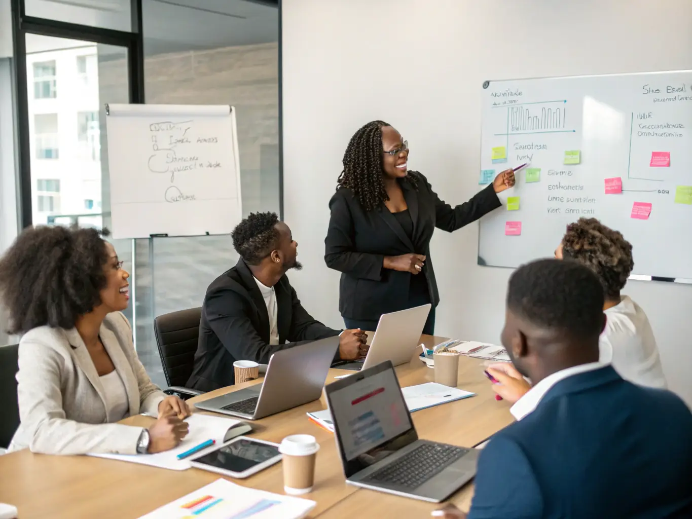 A professional business coach is guiding a team through a strategic planning session, using visual aids and interactive discussions to foster collaboration and innovation.